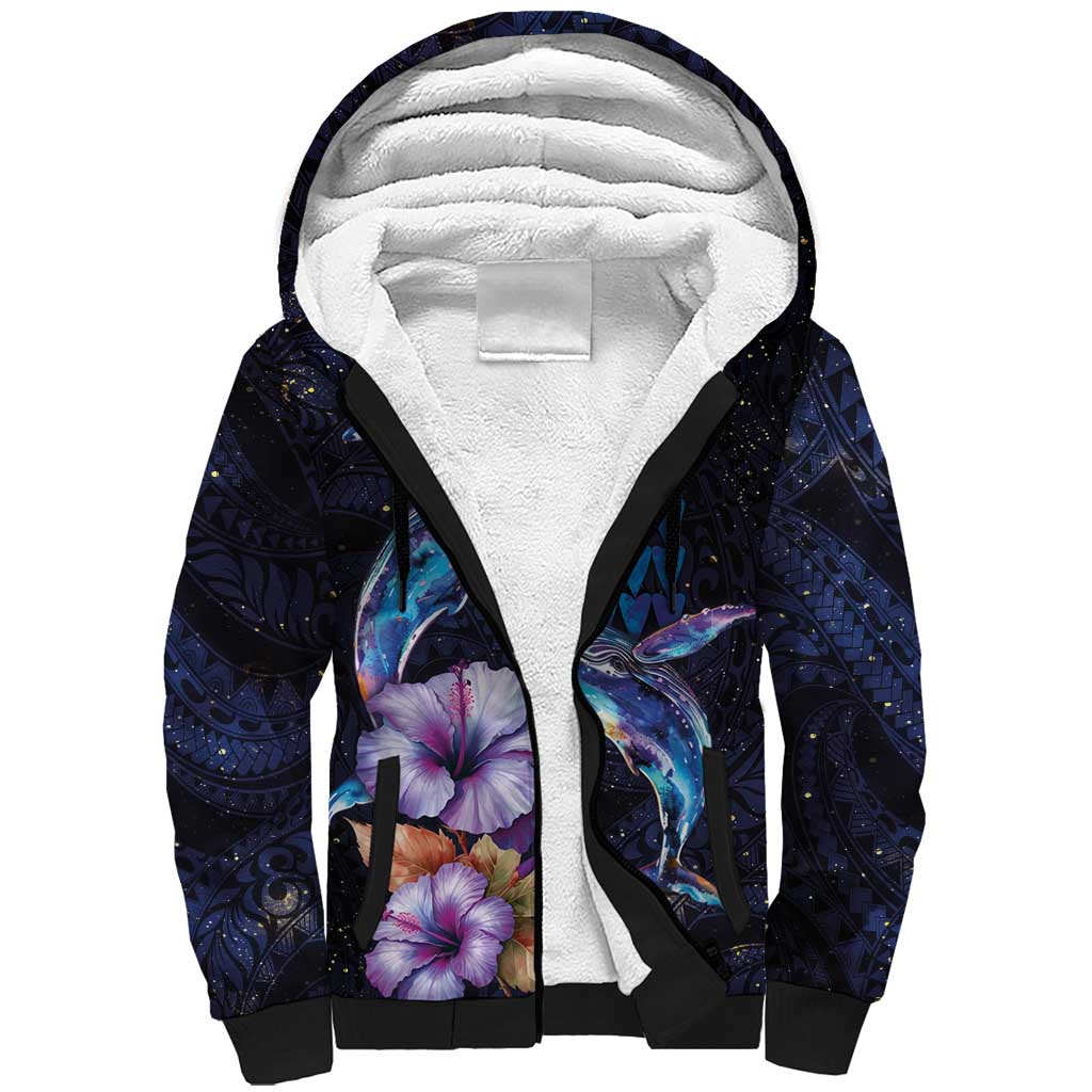 Hawaiian Whales Love Couple Sherpa Hoodie Hibiscus and Kakau Art Tattoo Night Sky Vibe