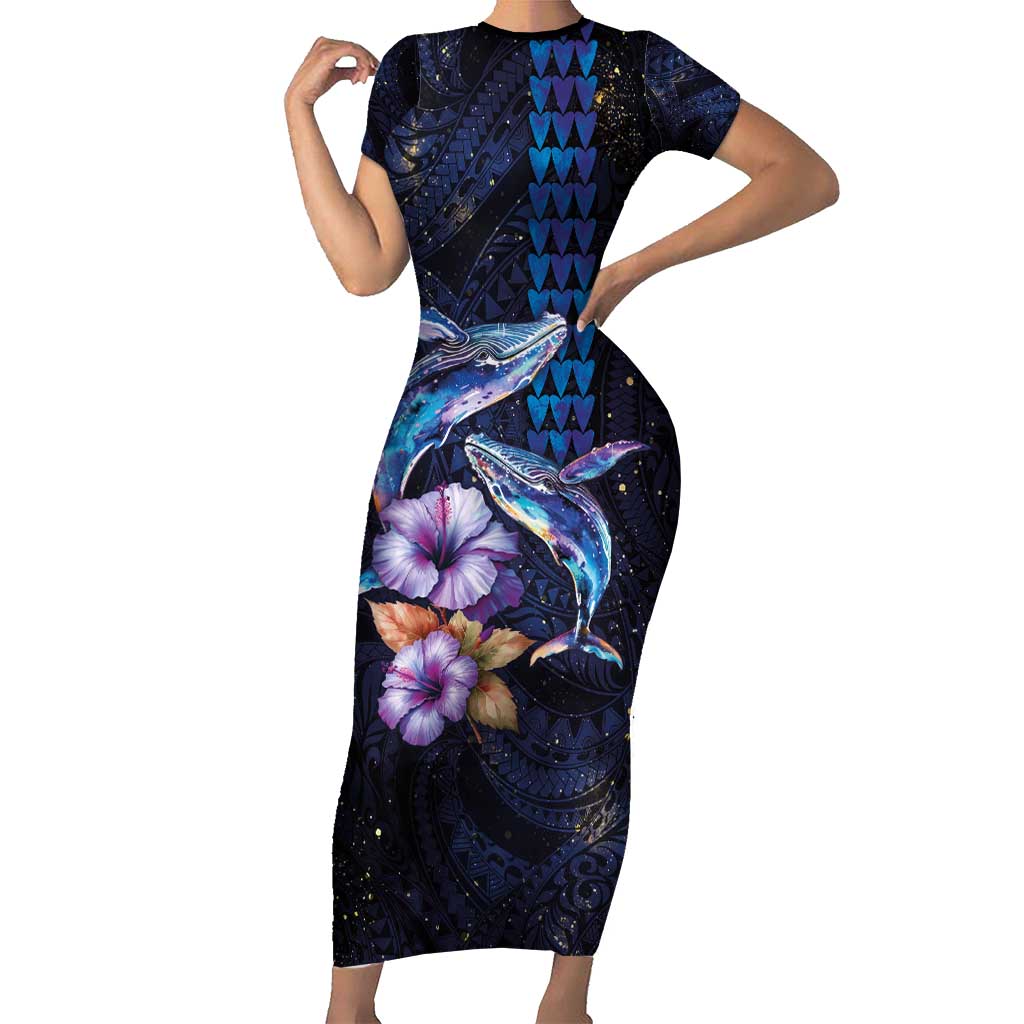 Hawaiian Whales Love Couple Short Sleeve Bodycon Dress Hibiscus and Kakau Art Tattoo Night Sky Vibe LT03 Long Dress Navy - Polynesian Pride