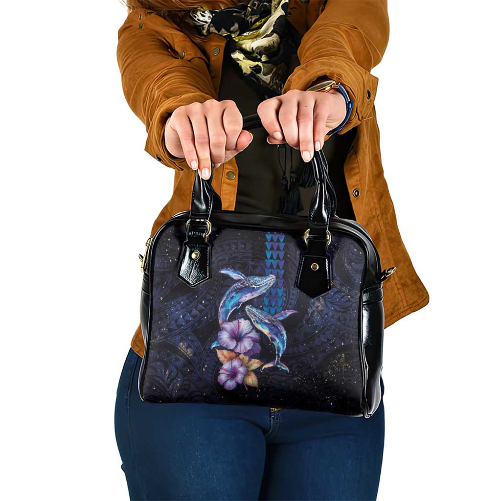 Hawaiian Whales Love Couple Shoulder Handbag Hibiscus and Kakau Art Tattoo Night Sky Vibe