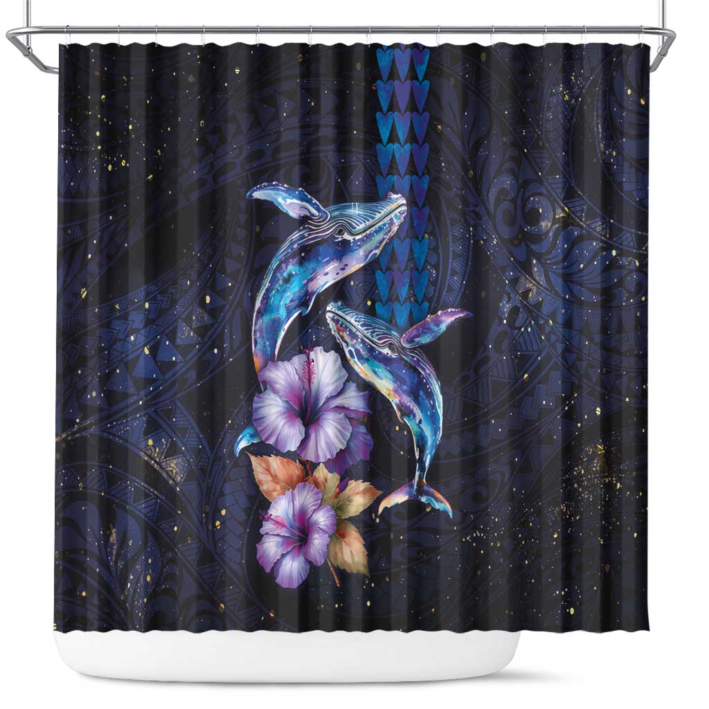 Hawaiian Whales Love Couple Shower Curtain Hibiscus and Kakau Art Tattoo Night Sky Vibe