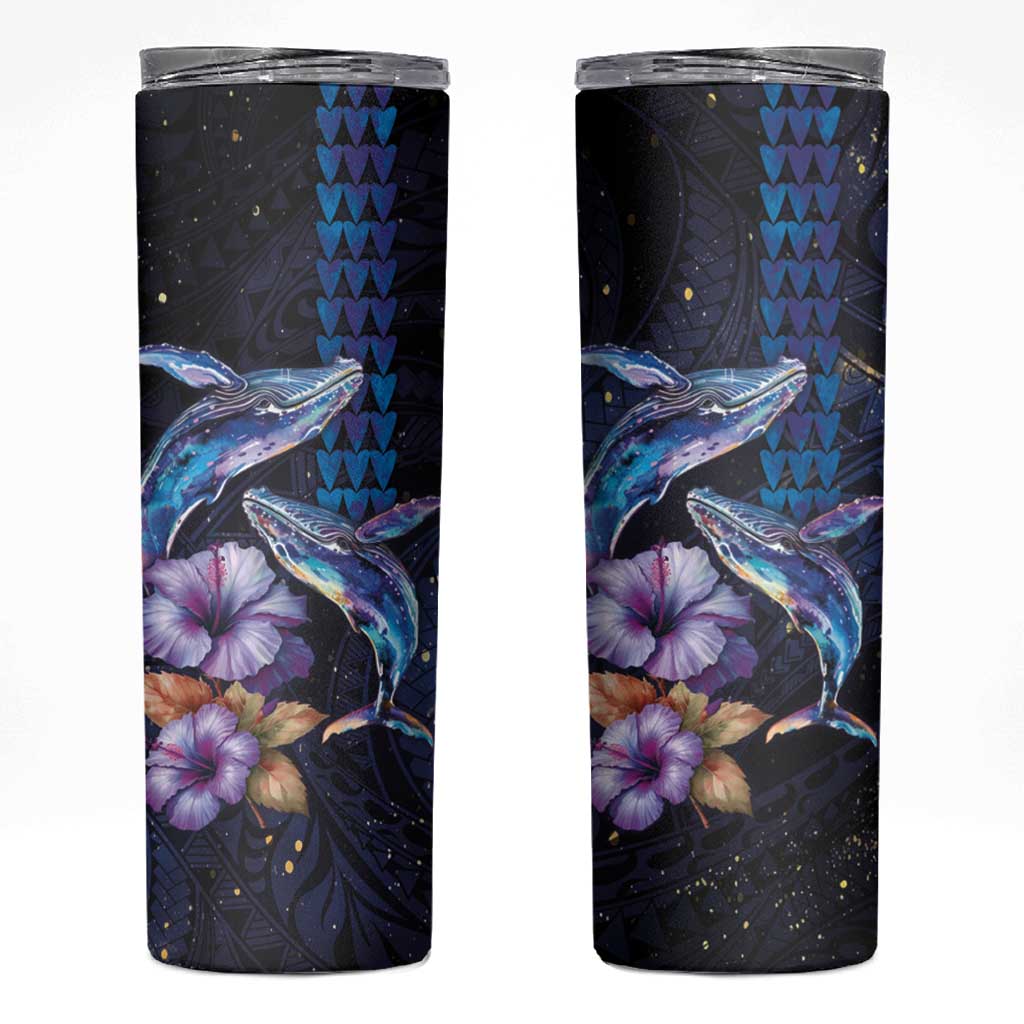 Hawaiian Whales Love Couple Skinny Tumbler Hibiscus and Kakau Art Tattoo Night Sky Vibe