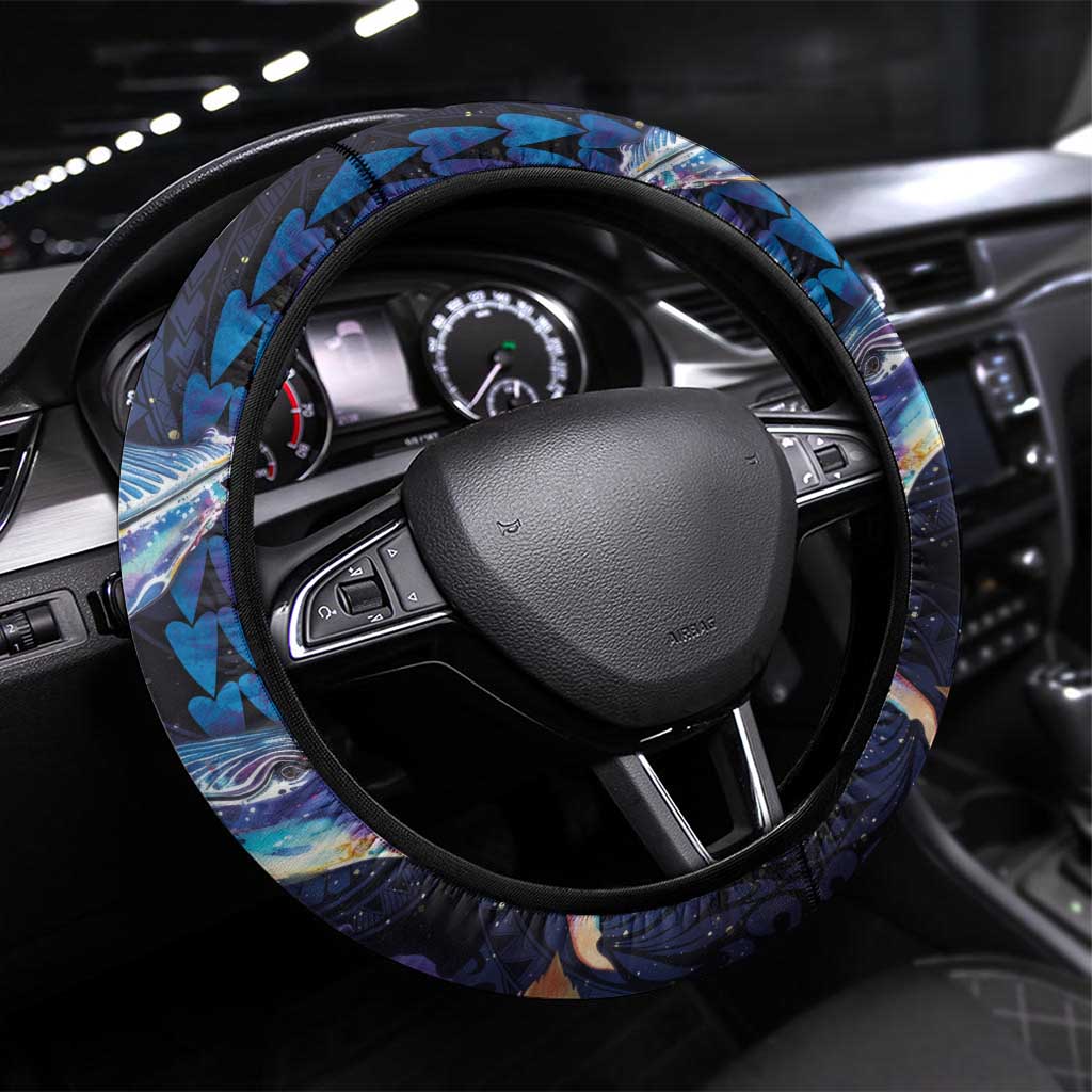 Hawaiian Whales Love Couple Steering Wheel Cover Hibiscus and Kakau Art Tattoo Night Sky Vibe