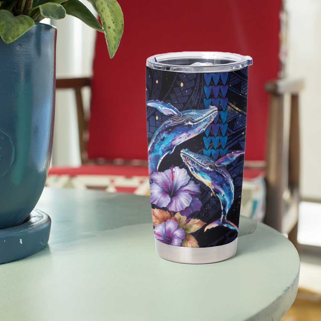 Hawaiian Whales Love Couple Tumbler Cup Hibiscus and Kakau Art Tattoo Night Sky Vibe