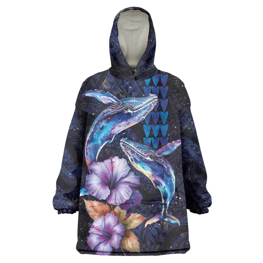 Hawaiian Whales Love Couple Wearable Blanket Hoodie Hibiscus and Kakau Art Tattoo Night Sky Vibe