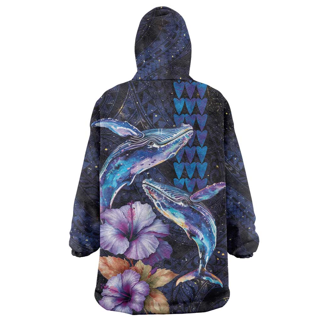 Hawaiian Whales Love Couple Wearable Blanket Hoodie Hibiscus and Kakau Art Tattoo Night Sky Vibe