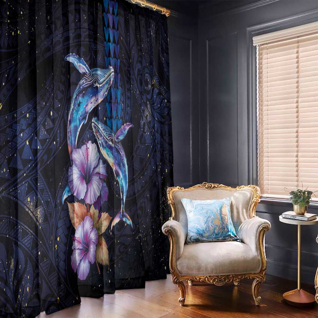 Hawaiian Whales Love Couple Window Curtain Hibiscus and Kakau Art Tattoo Night Sky Vibe
