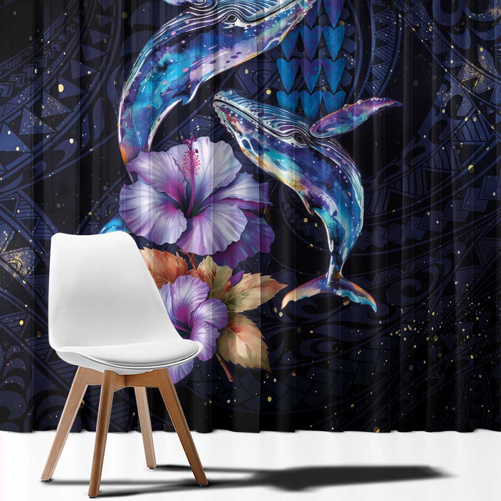 Hawaiian Whales Love Couple Window Curtain Hibiscus and Kakau Art Tattoo Night Sky Vibe