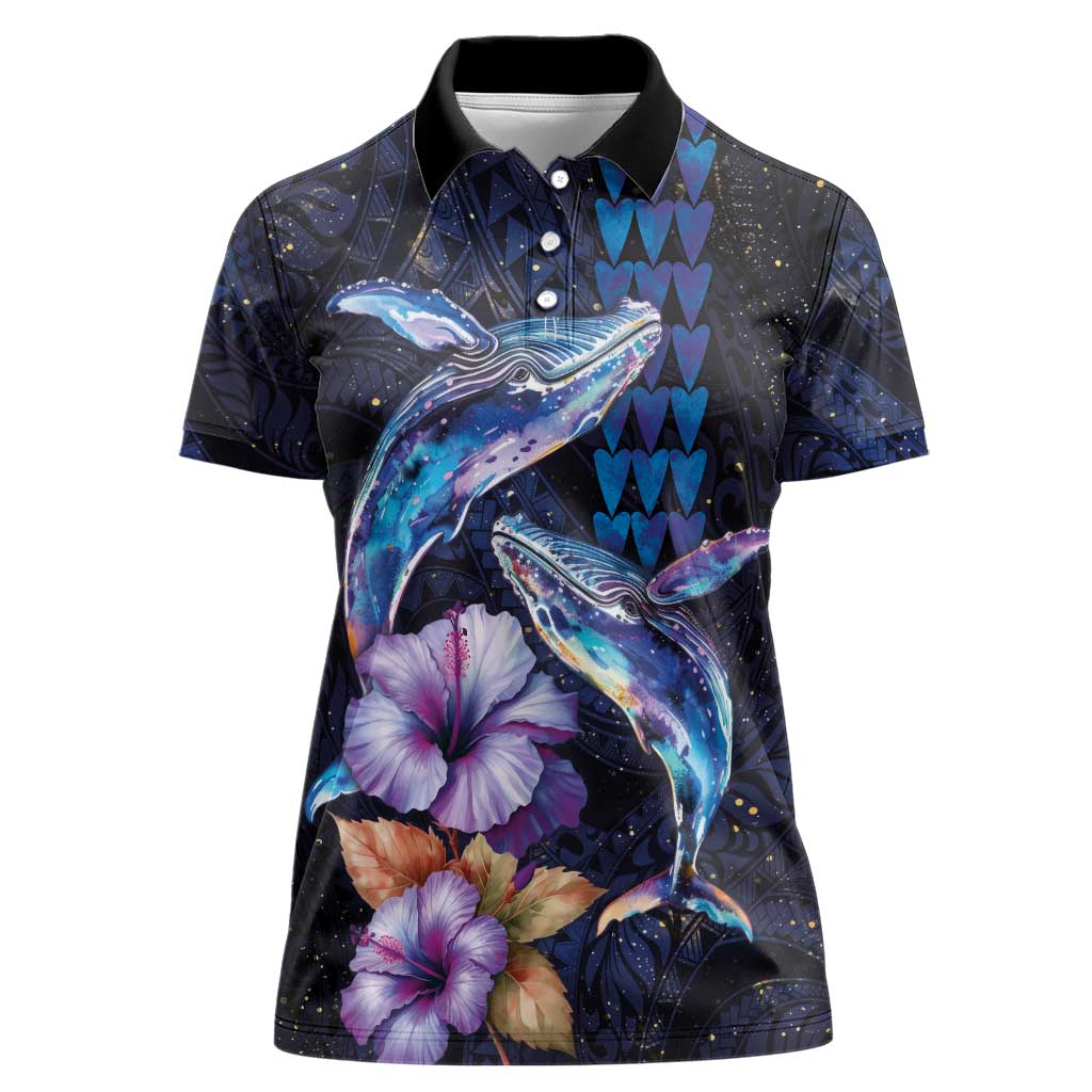 Hawaiian Whales Love Couple Women Polo Shirt Hibiscus and Kakau Art Tattoo Night Sky Vibe