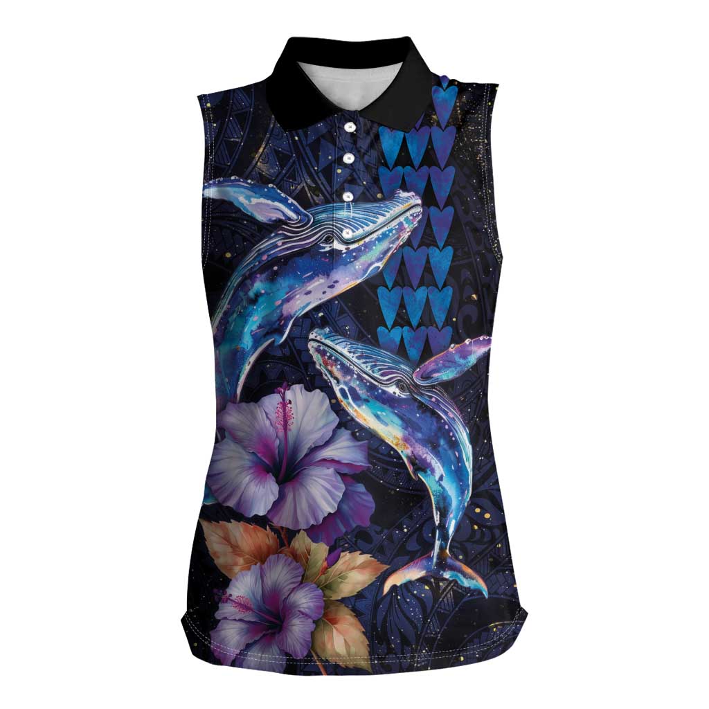 Hawaiian Whales Love Couple Women Sleeveless Polo Shirt Hibiscus and Kakau Art Tattoo Night Sky Vibe