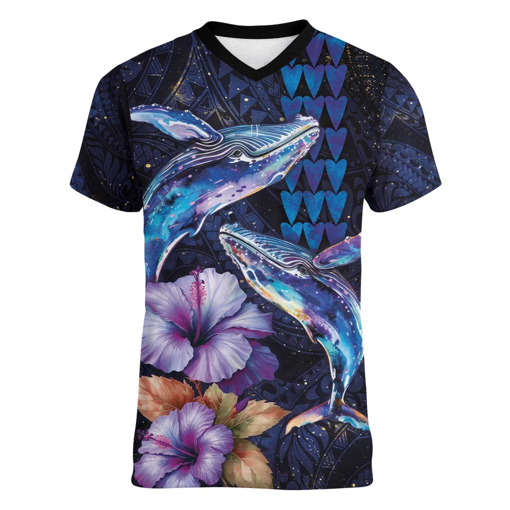 Hawaiian Whales Love Couple Women V-Neck T-Shirt Hibiscus and Kakau Art Tattoo Night Sky Vibe