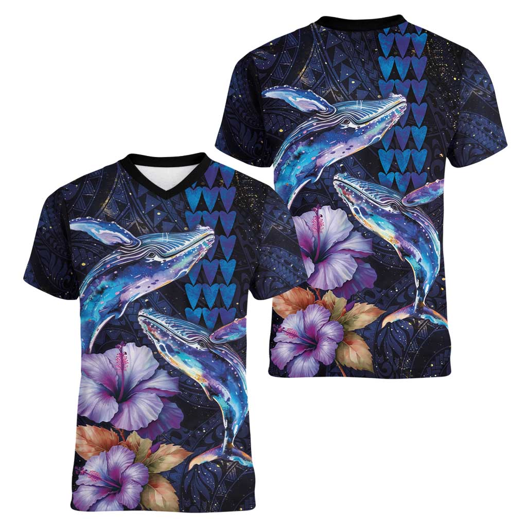 Hawaiian Whales Love Couple Women V-Neck T-Shirt Hibiscus and Kakau Art Tattoo Night Sky Vibe