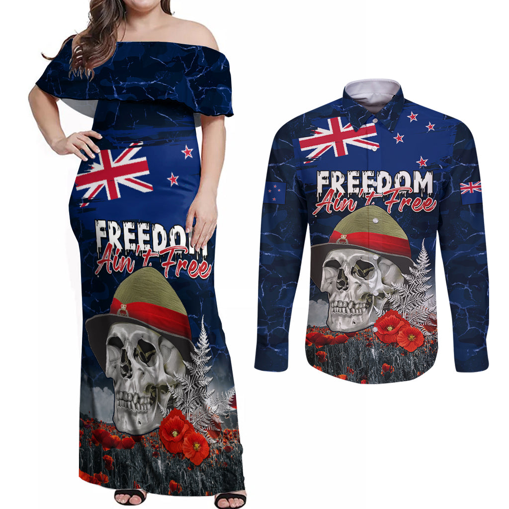 New Zealand ANZAC Day Couples Matching Off Shoulder Maxi Dress and Long Sleeve Button Shirt Freedom Ain't Free LT05 Blue - Polynesian Pride