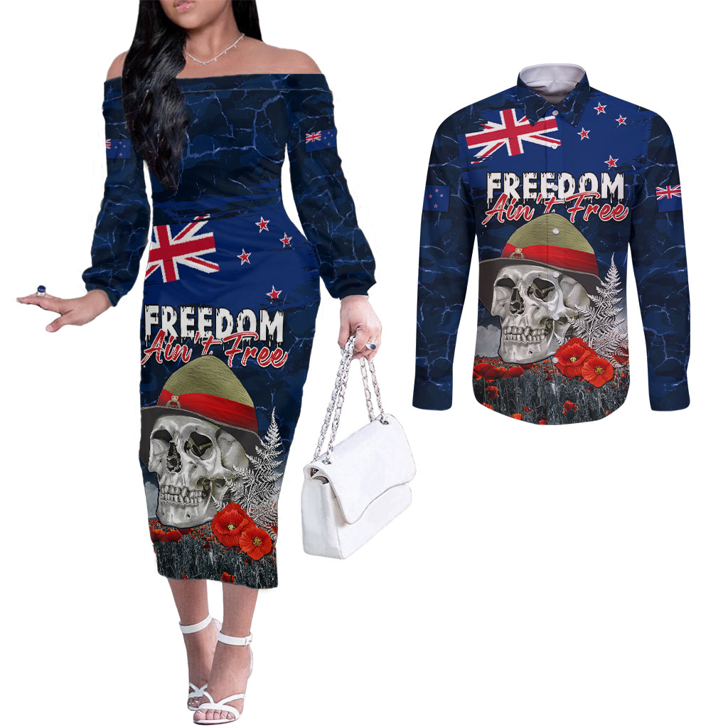 New Zealand ANZAC Day Couples Matching Off The Shoulder Long Sleeve Dress and Long Sleeve Button Shirt Freedom Ain't Free LT05 Blue - Polynesian Pride
