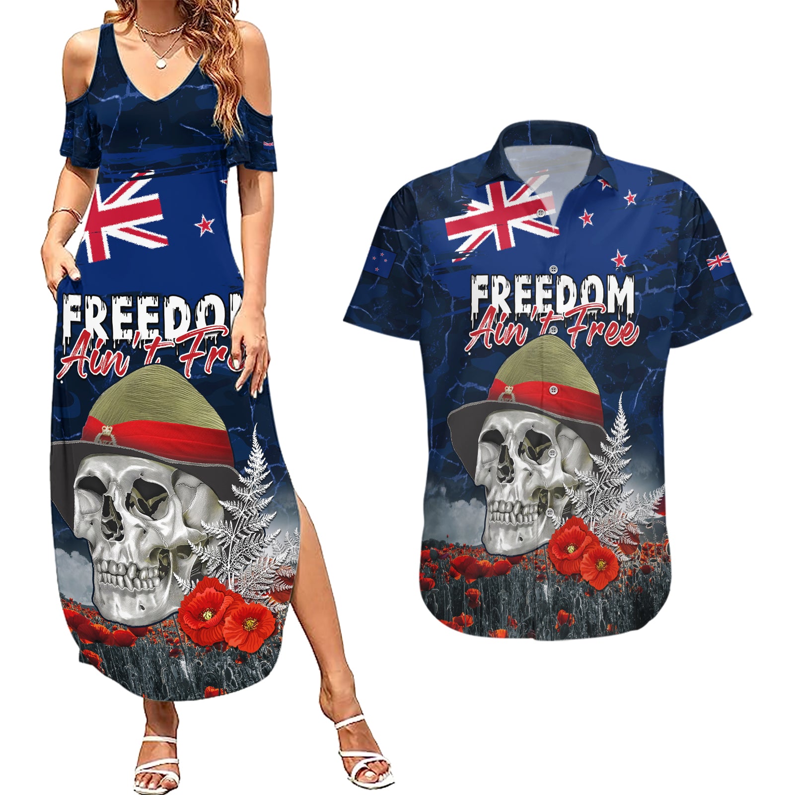New Zealand ANZAC Day Couples Matching Summer Maxi Dress and Hawaiian Shirt Freedom Ain't Free LT05 Blue - Polynesian Pride