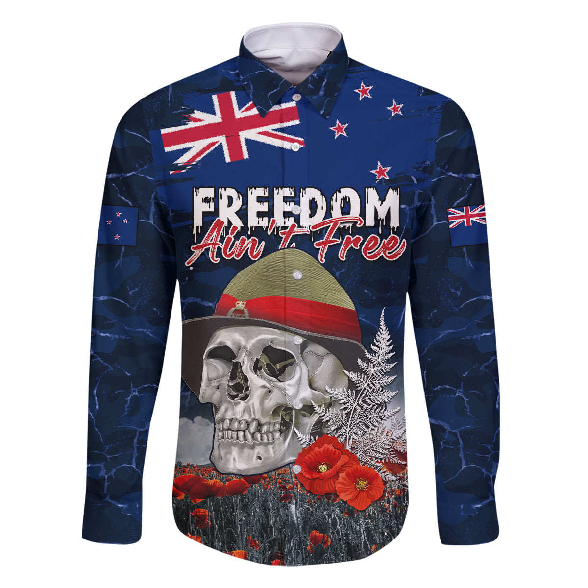 New Zealand ANZAC Day Family Matching Long Sleeve Bodycon Dress and Hawaiian Shirt Freedom Ain't Free LT05 Dad's Shirt - Long Sleeve Blue - Polynesian Pride