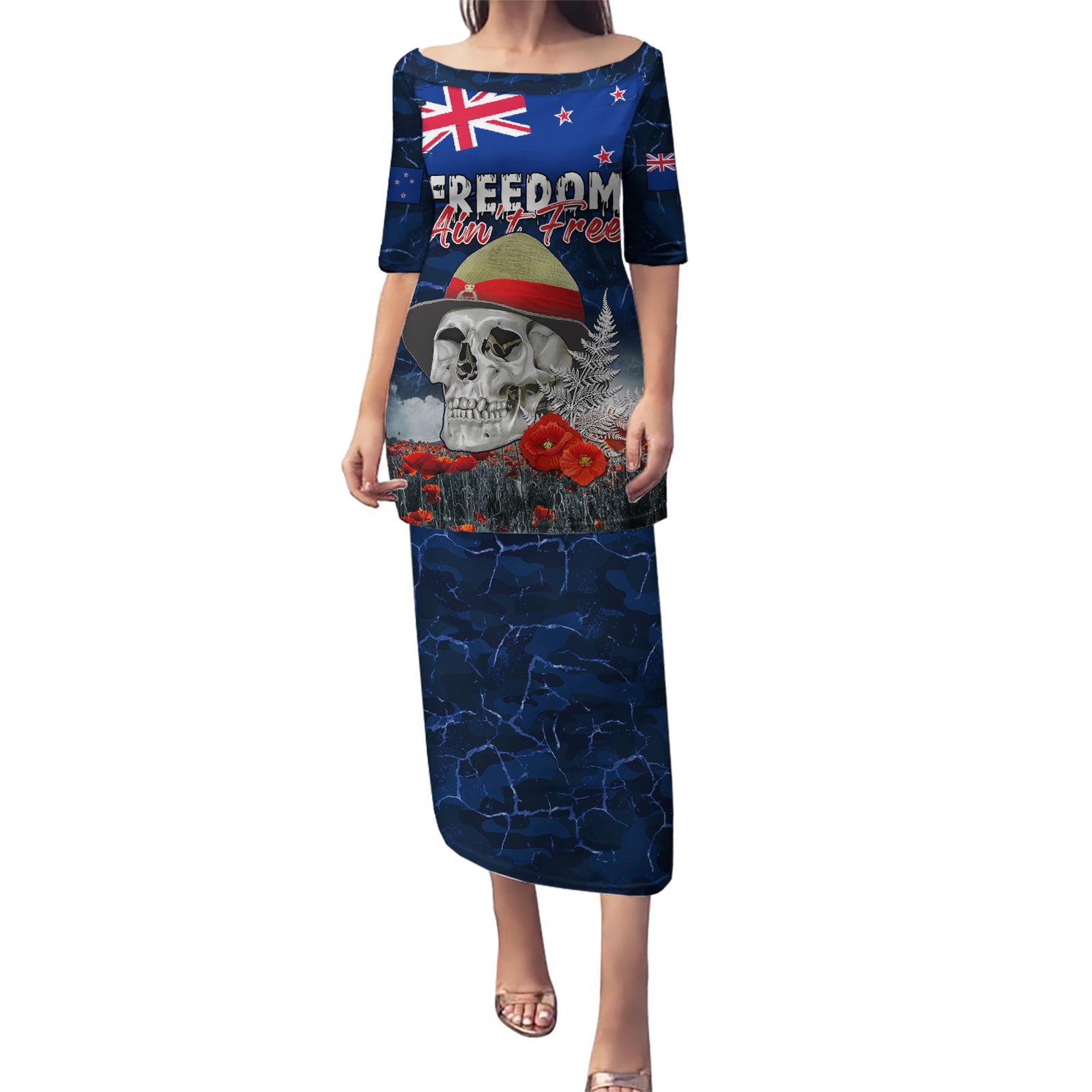 New Zealand ANZAC Day Puletasi Freedom Ain't Free LT05 Long Dress Blue - Polynesian Pride