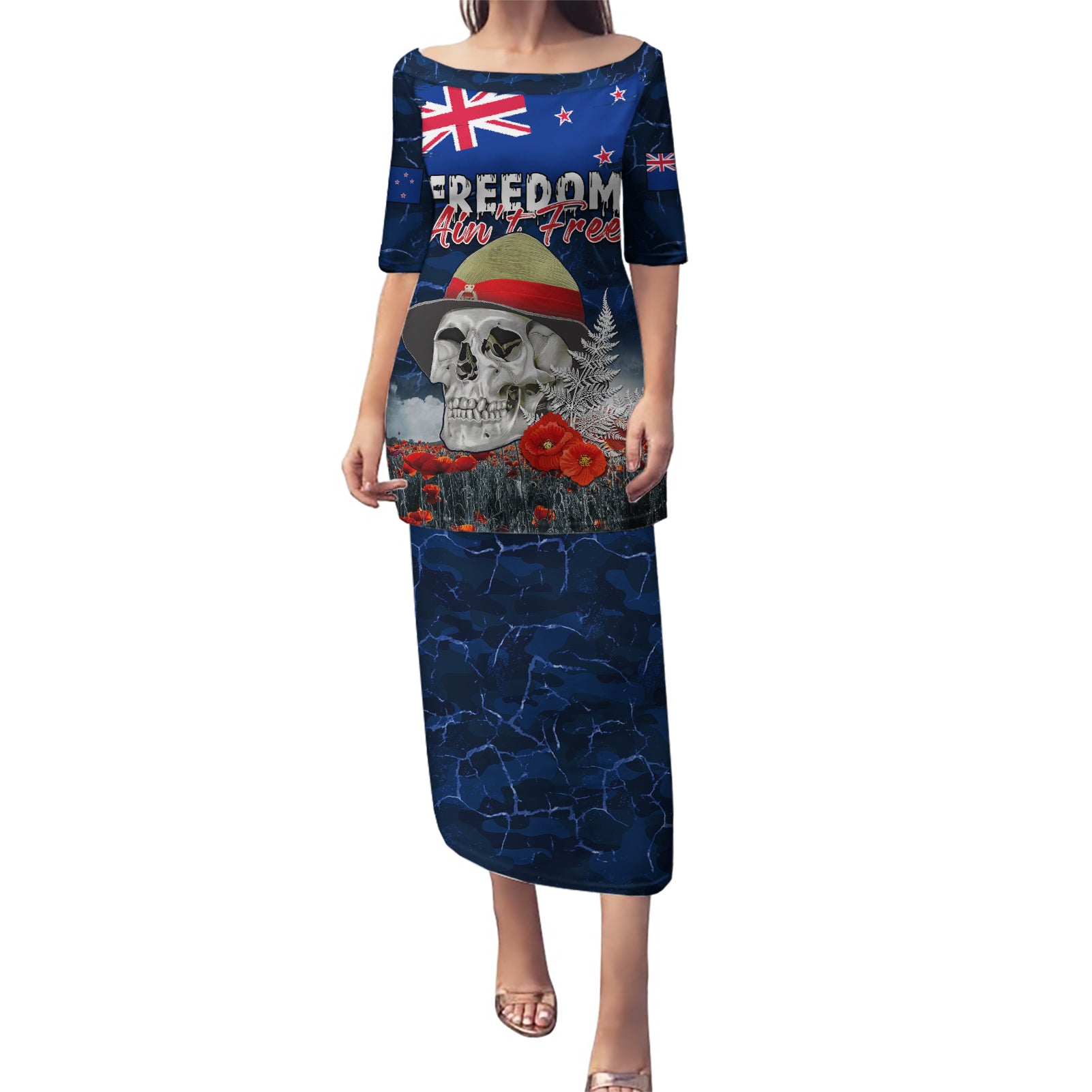 New Zealand ANZAC Day Puletasi Freedom Ain't Free LT05 Long Dress Blue - Polynesian Pride