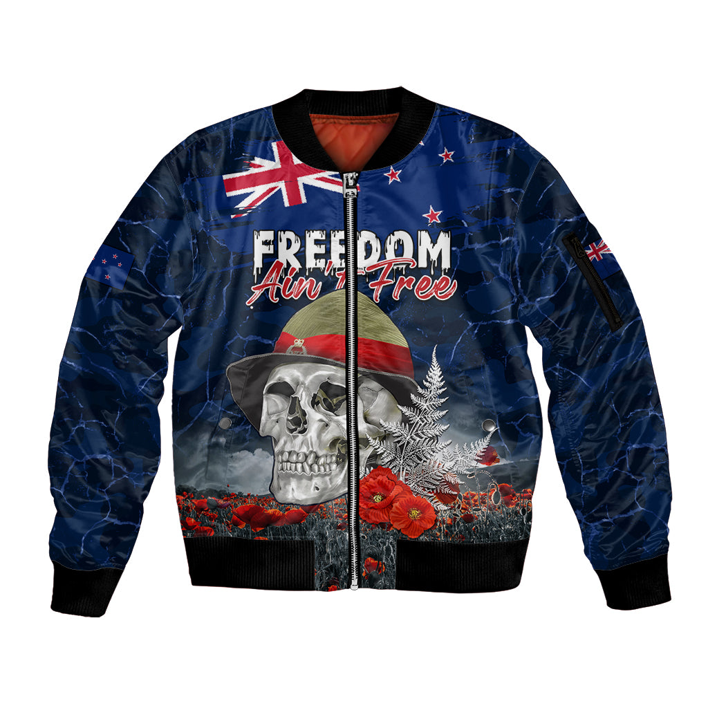 New Zealand ANZAC Day Sleeve Zip Bomber Jacket Freedom Ain't Free LT05 Unisex Blue - Polynesian Pride