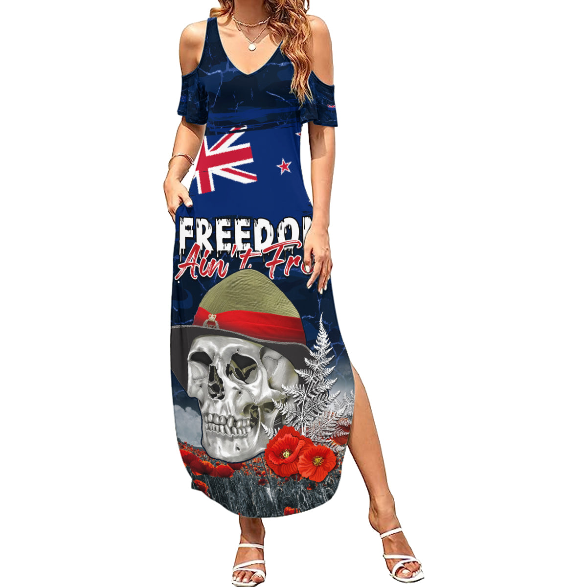 New Zealand ANZAC Day Summer Maxi Dress Freedom Ain't Free LT05 Women Blue - Polynesian Pride