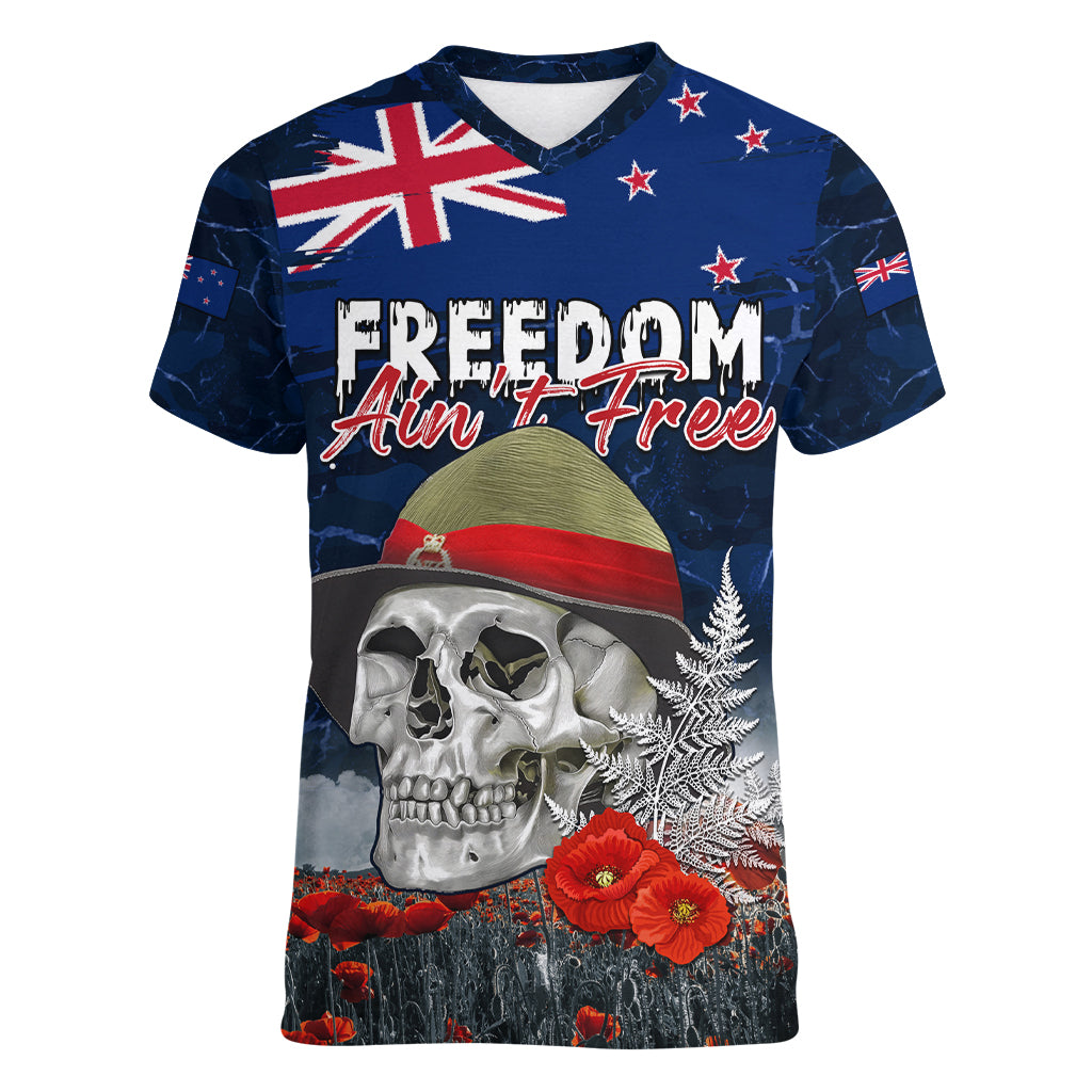 New Zealand ANZAC Day Women V Neck T Shirt Freedom Ain't Free LT05 Female Blue - Polynesian Pride