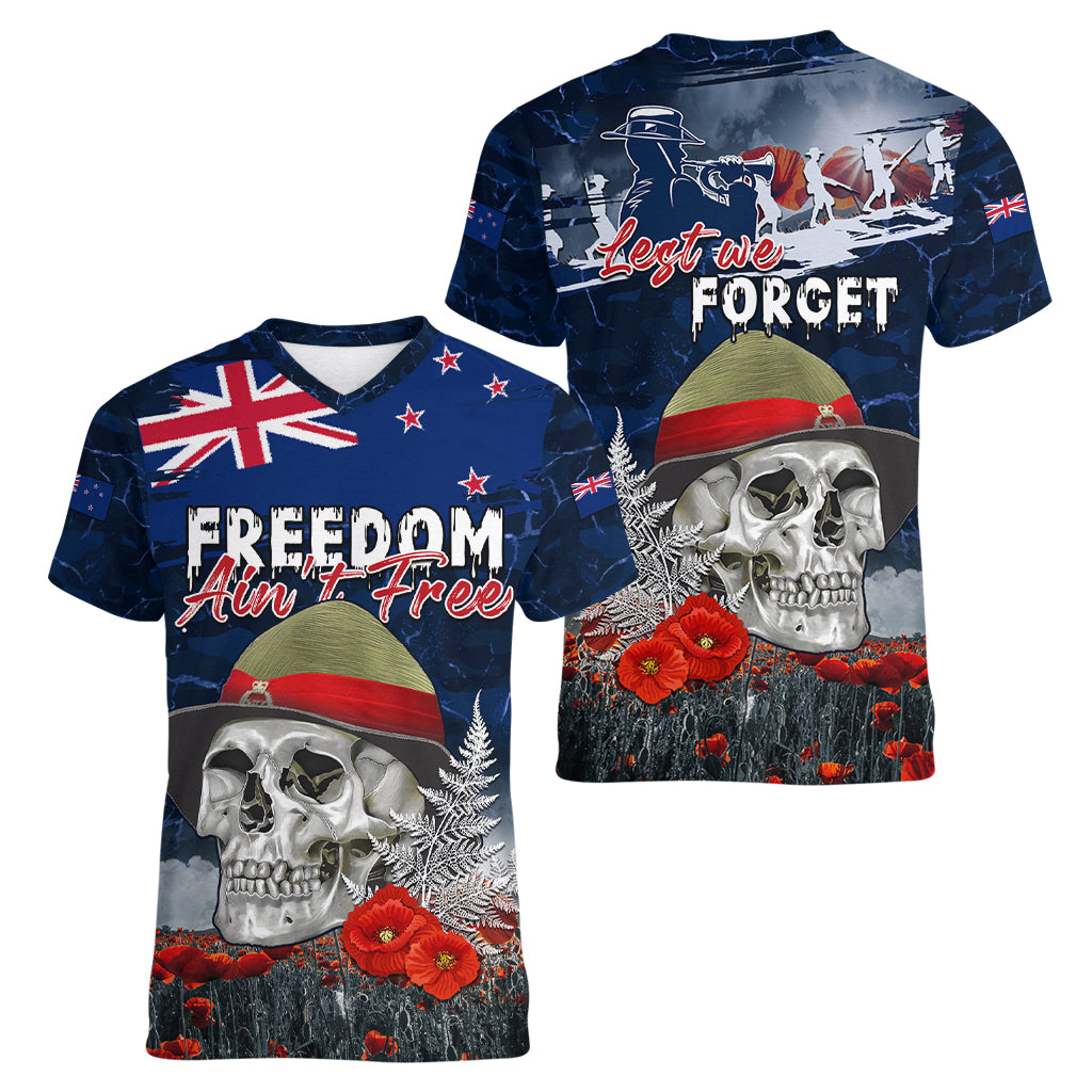 New Zealand ANZAC Day Women V Neck T Shirt Freedom Ain't Free LT05 - Polynesian Pride