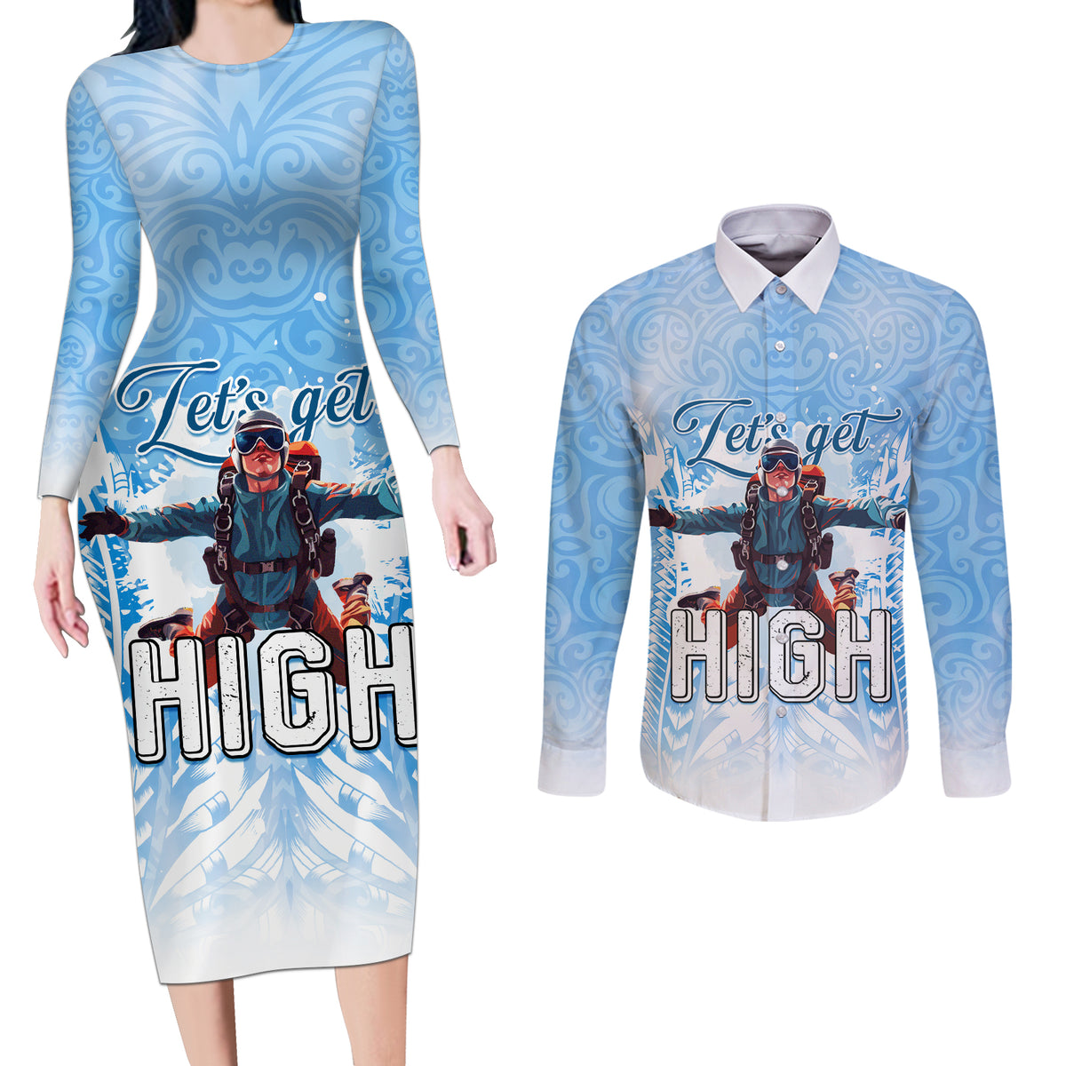 New Zealand Sky Diving Couples Matching Long Sleeve Bodycon Dress and Long Sleeve Button Shirt Lets Get High LT05 Blue - Polynesian Pride