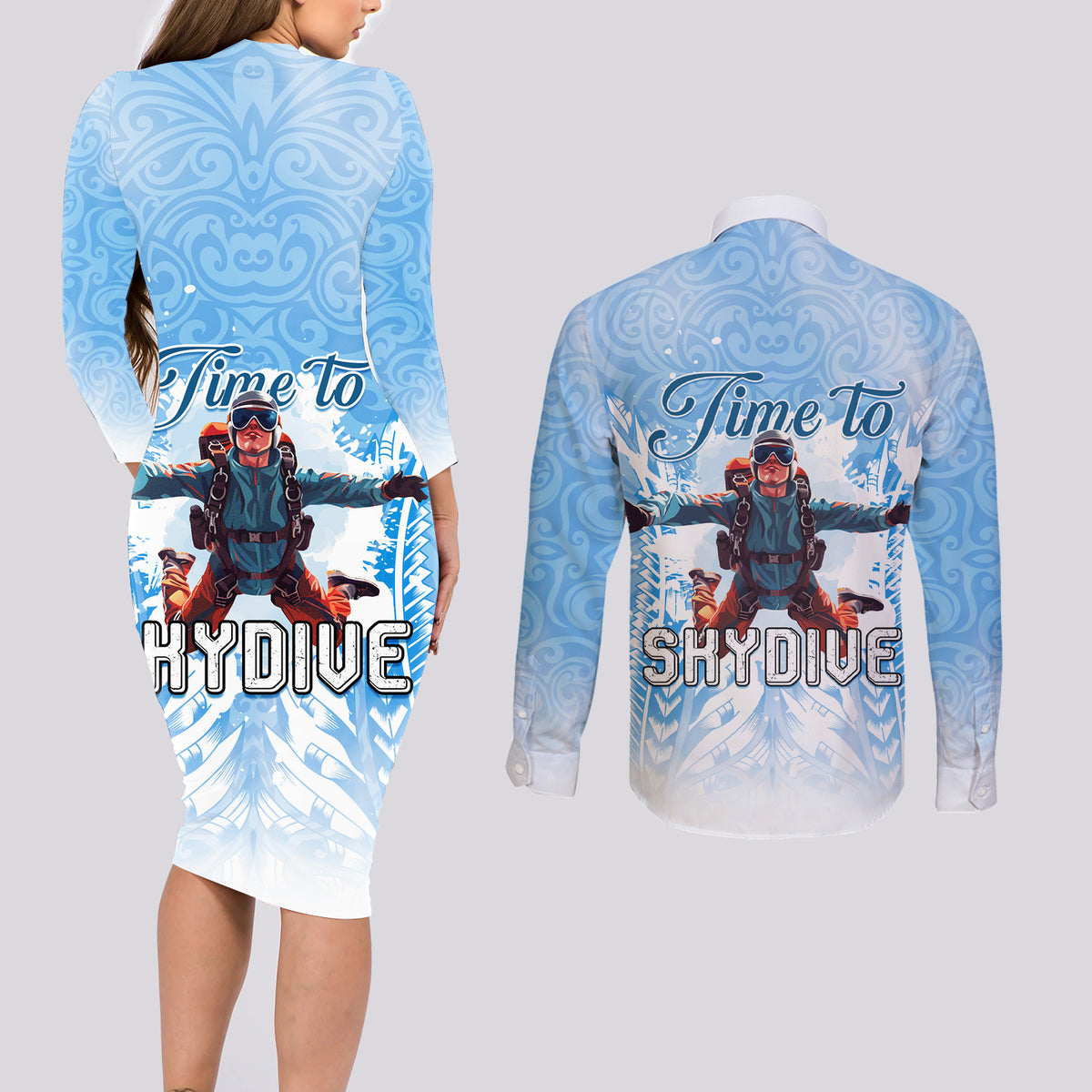 New Zealand Sky Diving Couples Matching Long Sleeve Bodycon Dress and Long Sleeve Button Shirt Lets Get High LT05 - Polynesian Pride