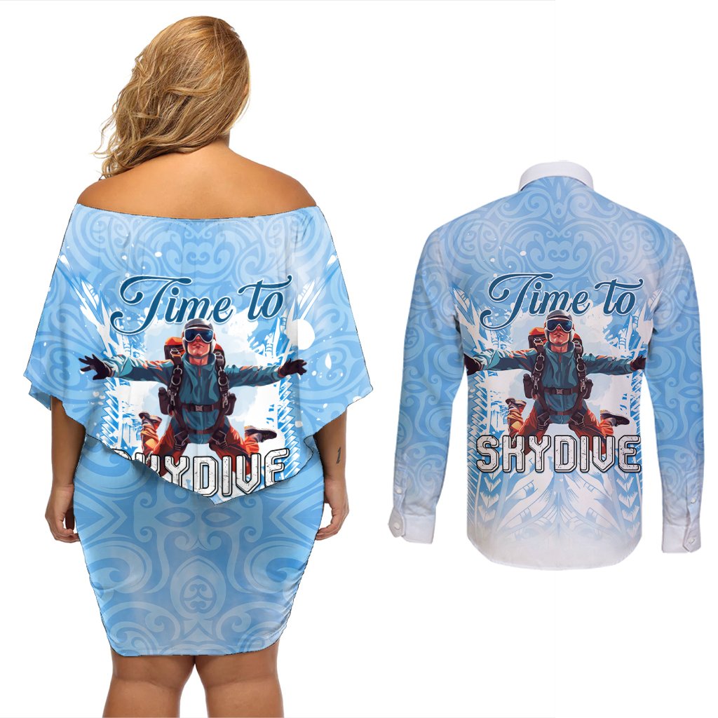 New Zealand Sky Diving Couples Matching Off Shoulder Short Dress and Long Sleeve Button Shirt Lets Get High