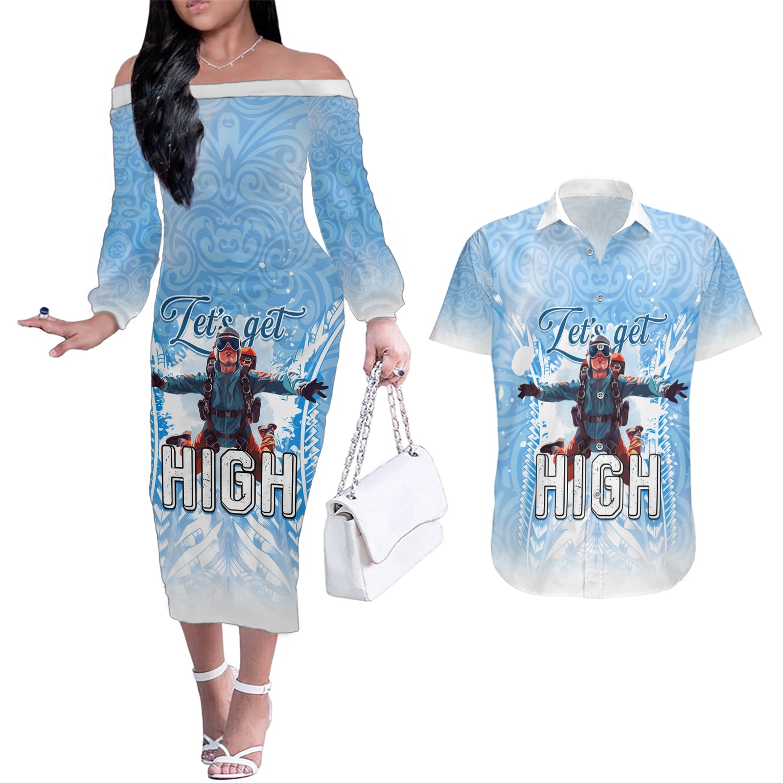New Zealand Sky Diving Couples Matching Off The Shoulder Long Sleeve Dress and Hawaiian Shirt Lets Get High