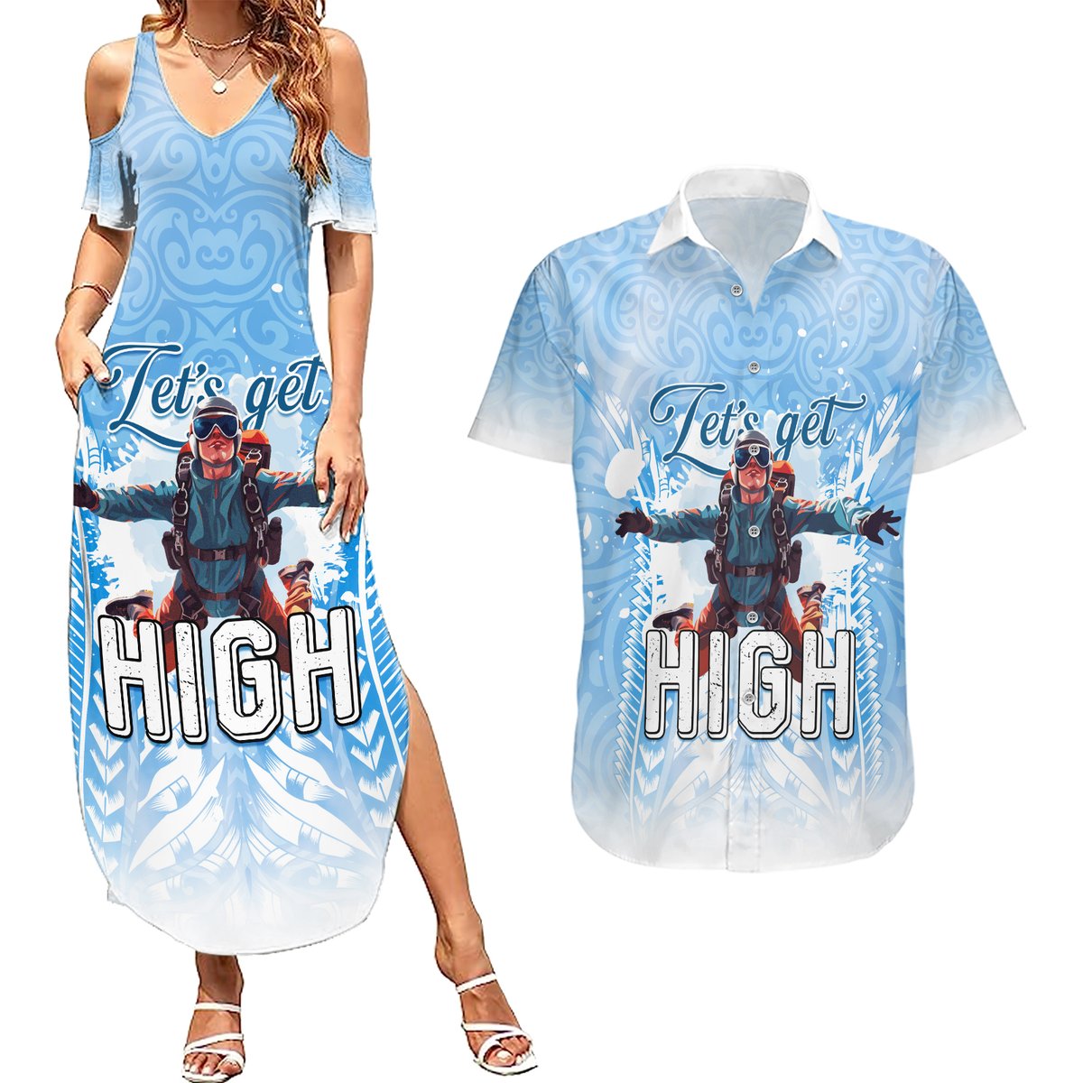 New Zealand Sky Diving Couples Matching Summer Maxi Dress and Hawaiian Shirt Lets Get High