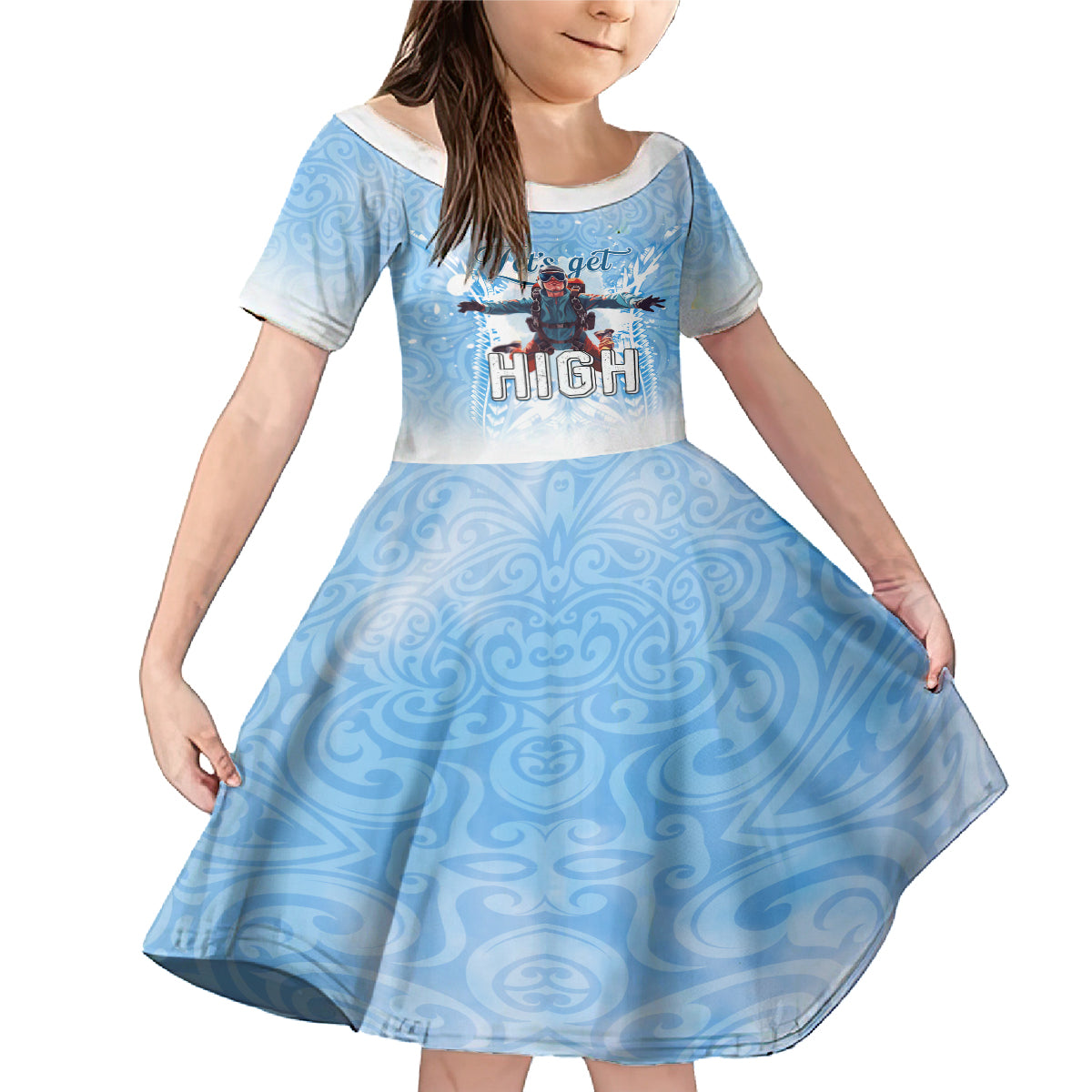 New Zealand Sky Diving Family Matching Mermaid Dress and Hawaiian Shirt Lets Get High LT05 Daughter's Dress Blue - Polynesian Pride