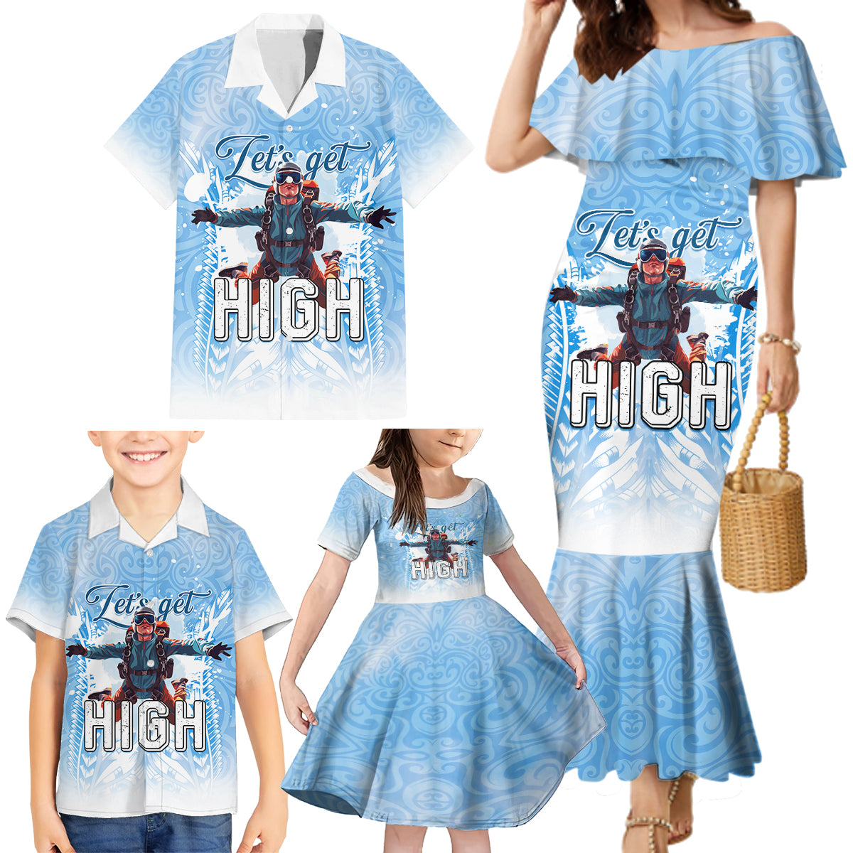 New Zealand Sky Diving Family Matching Mermaid Dress and Hawaiian Shirt Lets Get High LT05 - Polynesian Pride