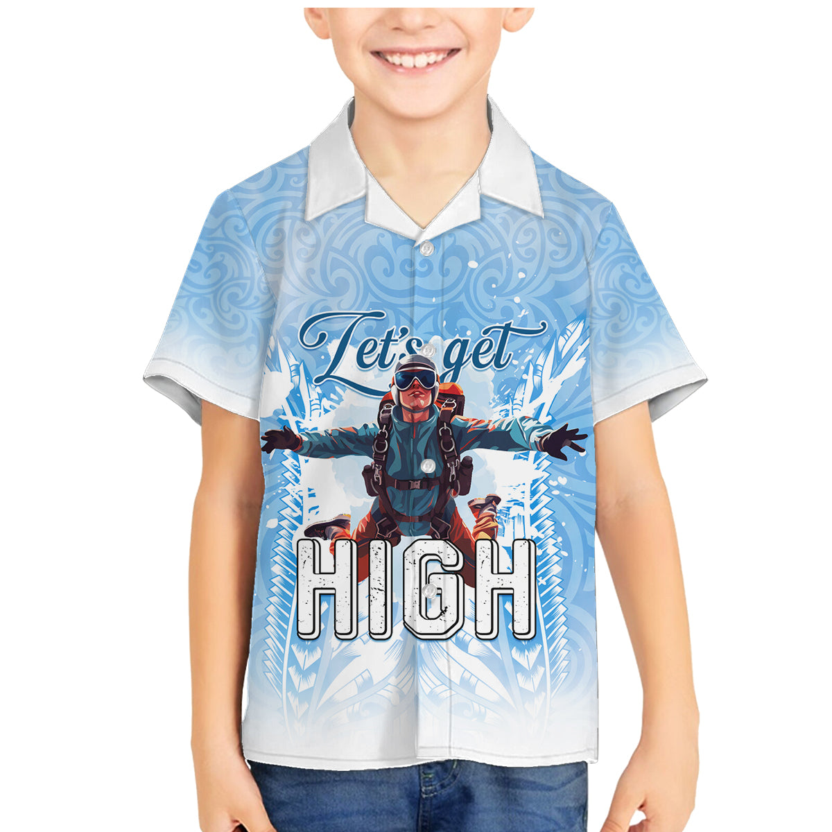 New Zealand Sky Diving Family Matching Mermaid Dress and Hawaiian Shirt Lets Get High LT05 Son's Shirt Blue - Polynesian Pride