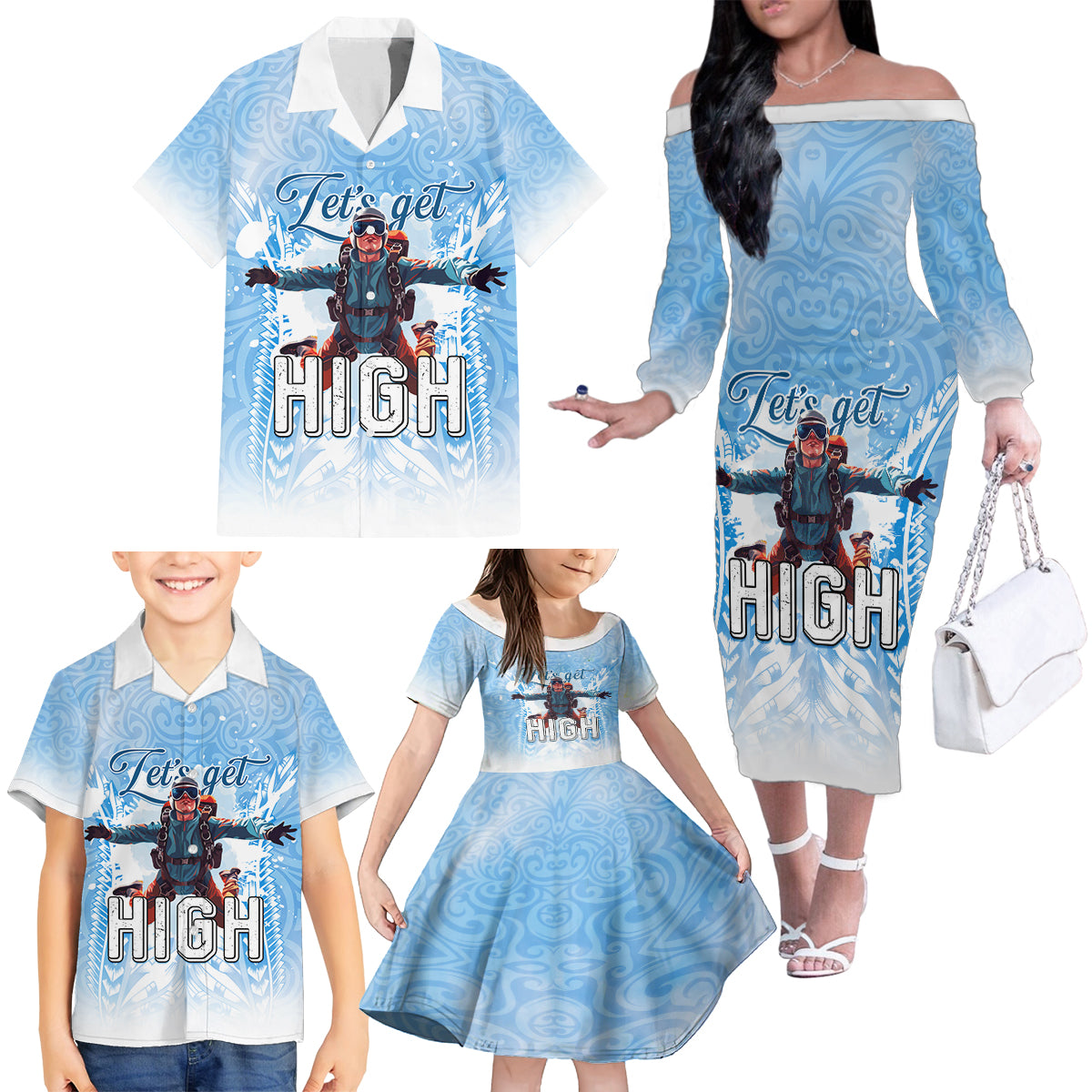 New Zealand Sky Diving Family Matching Off The Shoulder Long Sleeve Dress and Hawaiian Shirt Lets Get High