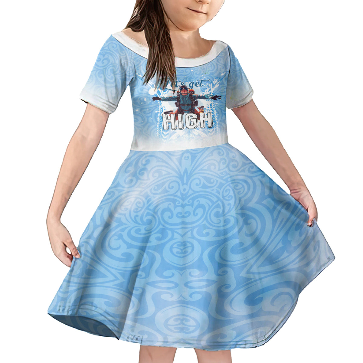 New Zealand Sky Diving Family Matching Off Shoulder Short Dress and Hawaiian Shirt Lets Get High LT05 Daughter's Dress Blue - Polynesian Pride