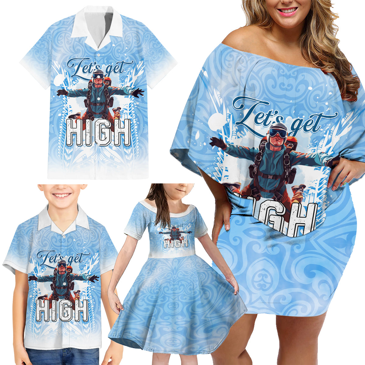 New Zealand Sky Diving Family Matching Off Shoulder Short Dress and Hawaiian Shirt Lets Get High