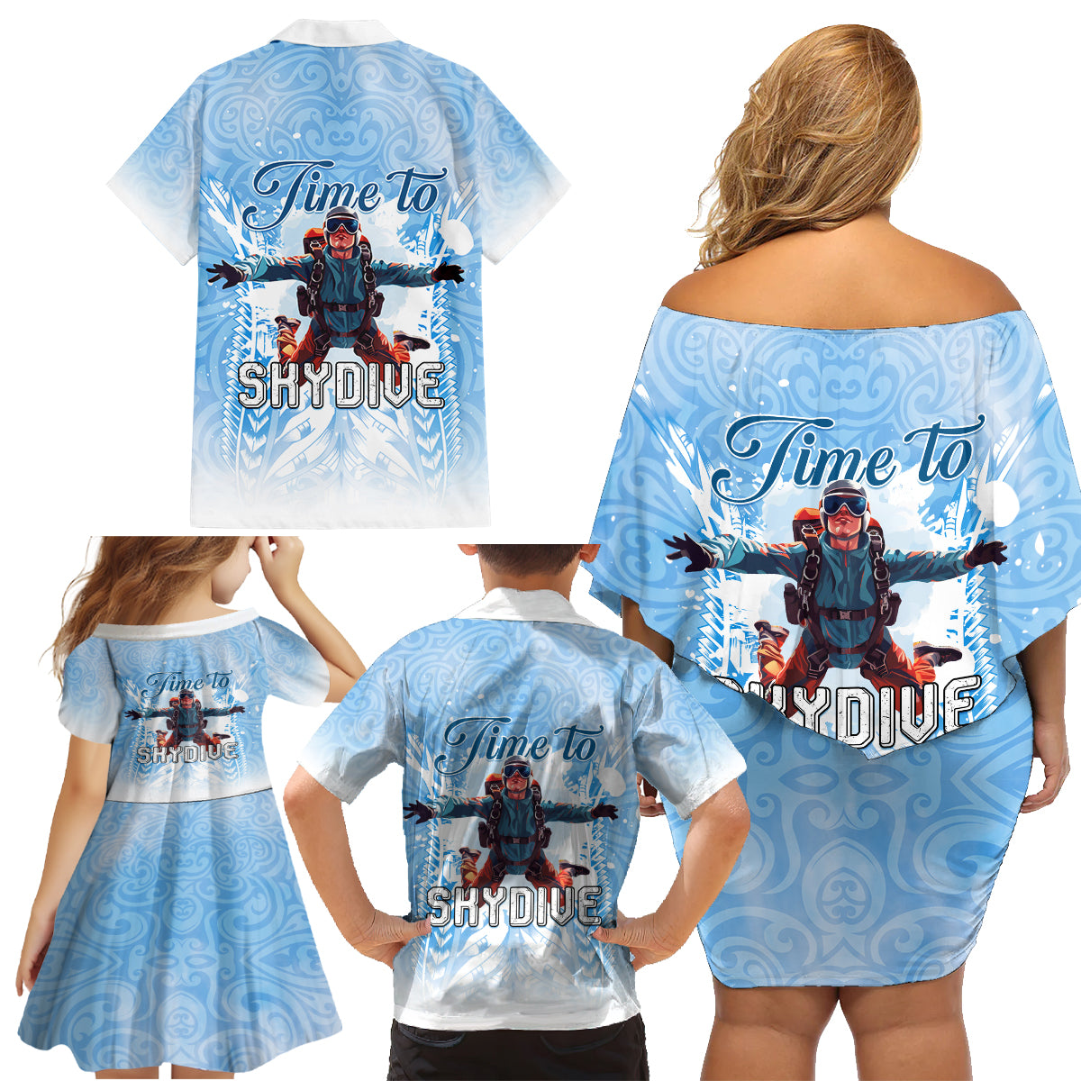 New Zealand Sky Diving Family Matching Off Shoulder Short Dress and Hawaiian Shirt Lets Get High LT05 - Polynesian Pride