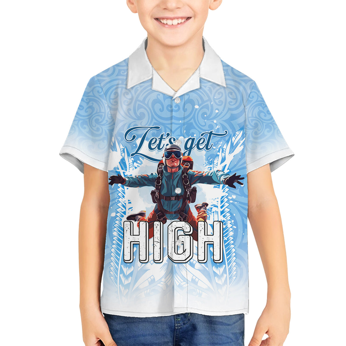 New Zealand Sky Diving Family Matching Off Shoulder Short Dress and Hawaiian Shirt Lets Get High LT05 Son's Shirt Blue - Polynesian Pride