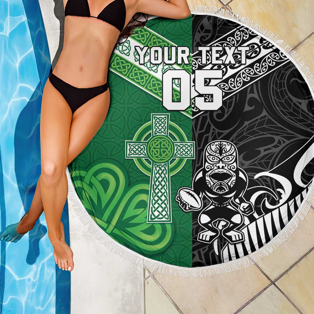 New Zealand And Ireland Rugby Custom Beach Blanket Maori Tiki With Shamrock