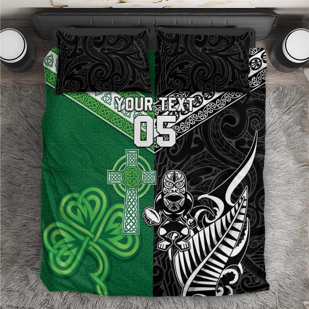 New Zealand And Ireland Rugby Custom Bedding Set Maori Tiki With Shamrock