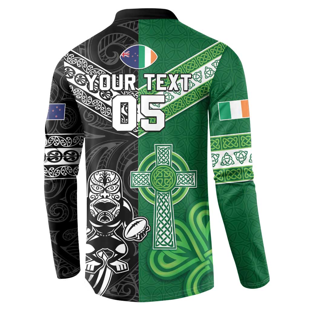 New Zealand And Ireland Rugby Custom Button Sweatshirt Maori Tiki With Shamrock