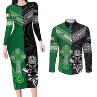New Zealand And Ireland Rugby Custom Couples Matching Long Sleeve Bodycon Dress and Long Sleeve Button Shirt Maori Tiki With Shamrock
