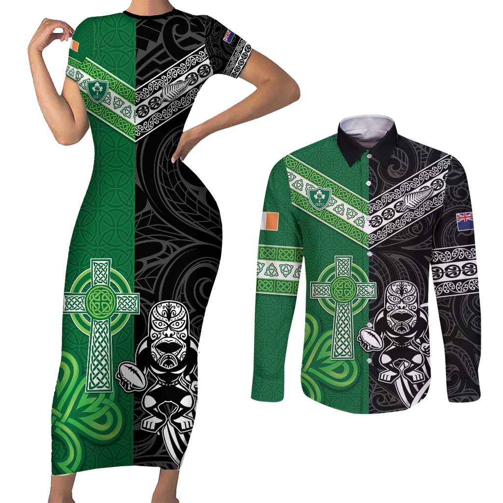 New Zealand And Ireland Rugby Custom Couples Matching Short Sleeve Bodycon Dress and Long Sleeve Button Shirt Maori Tiki With Shamrock