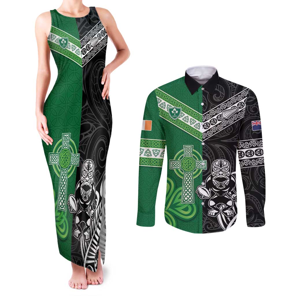 New Zealand And Ireland Rugby Custom Couples Matching Tank Maxi Dress and Long Sleeve Button Shirt Maori Tiki With Shamrock