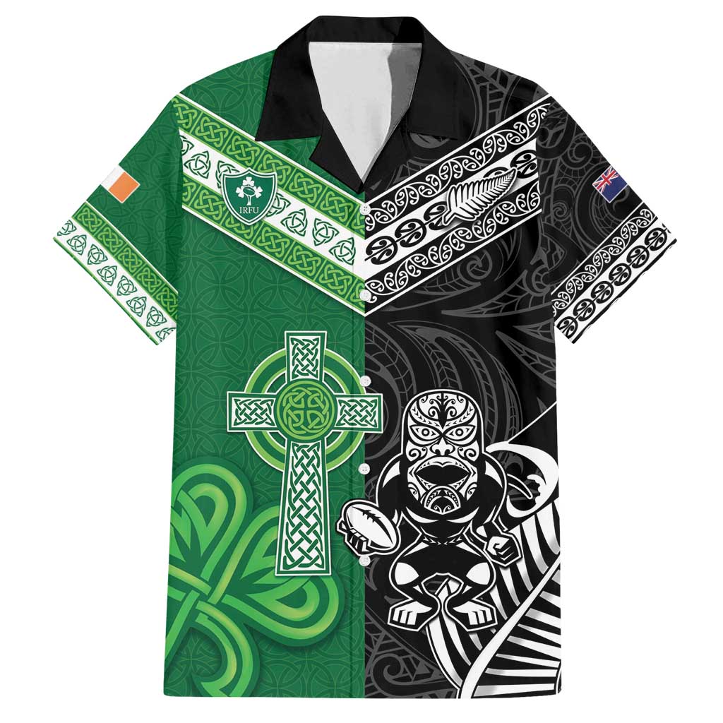 New Zealand And Ireland Rugby Custom Family Matching Long Sleeve Bodycon Dress and Hawaiian Shirt Maori Tiki With Shamrock