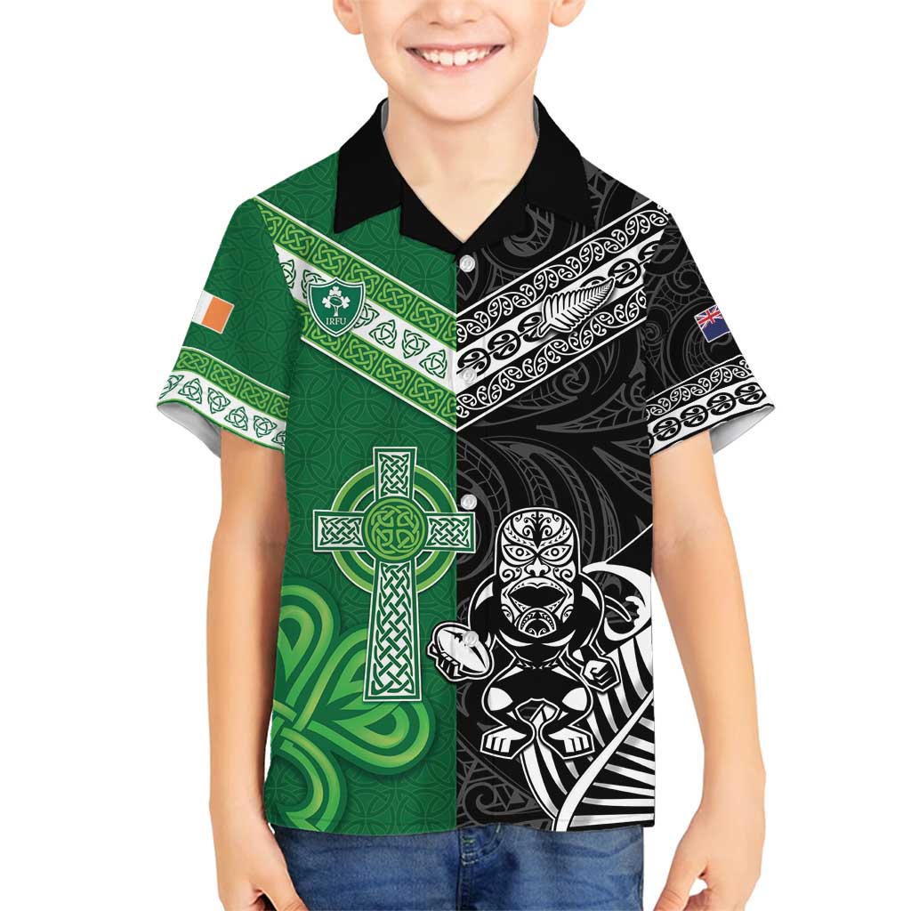 New Zealand And Ireland Rugby Custom Family Matching Long Sleeve Bodycon Dress and Hawaiian Shirt Maori Tiki With Shamrock