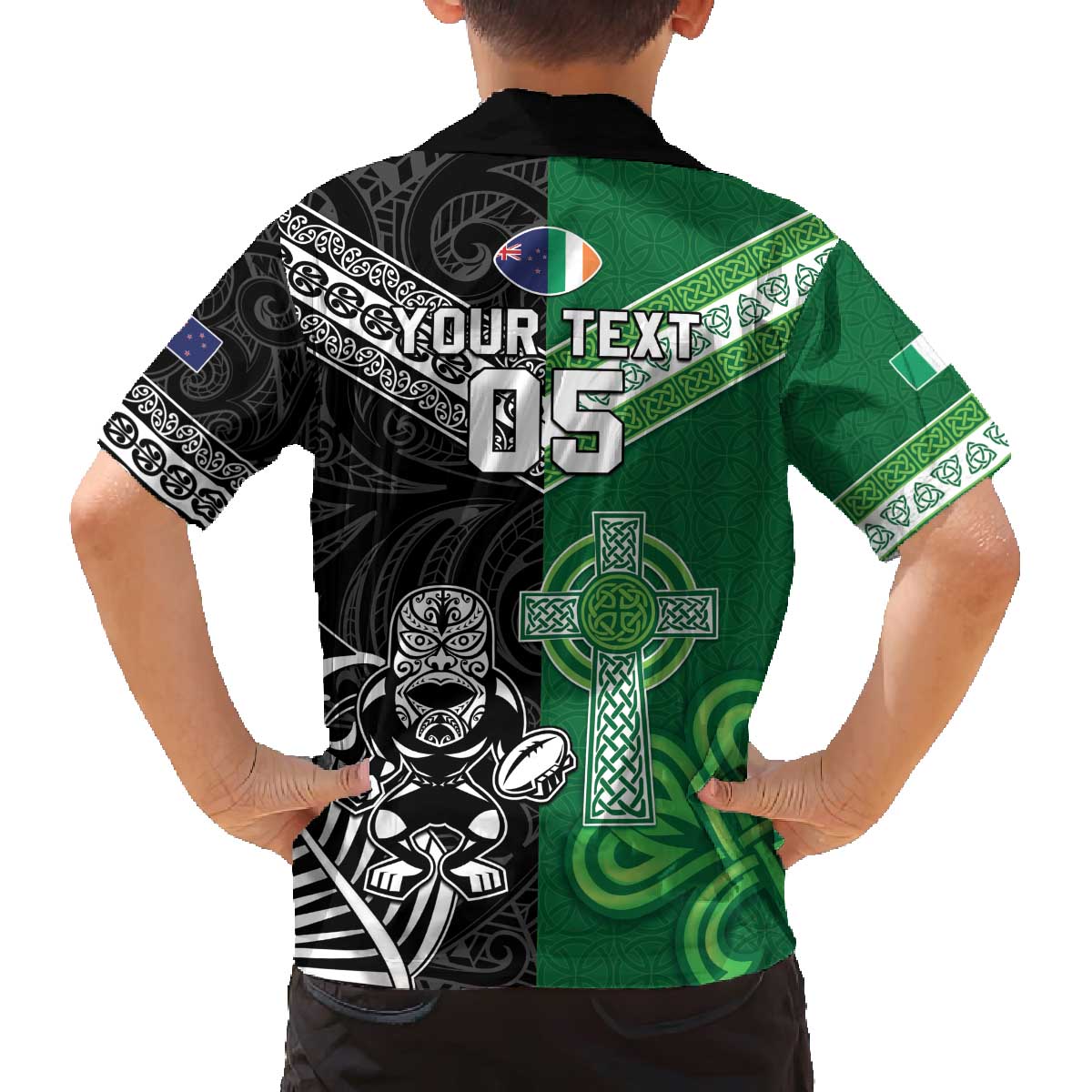 New Zealand And Ireland Rugby Custom Family Matching Off The Shoulder Long Sleeve Dress and Hawaiian Shirt Maori Tiki With Shamrock