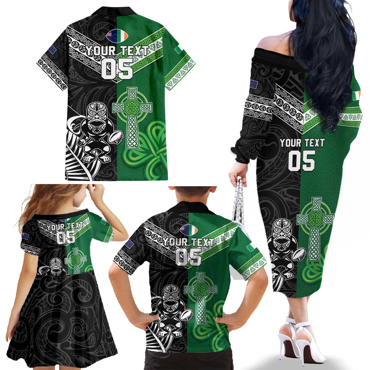 New Zealand And Ireland Rugby Custom Family Matching Off The Shoulder Long Sleeve Dress and Hawaiian Shirt Maori Tiki With Shamrock