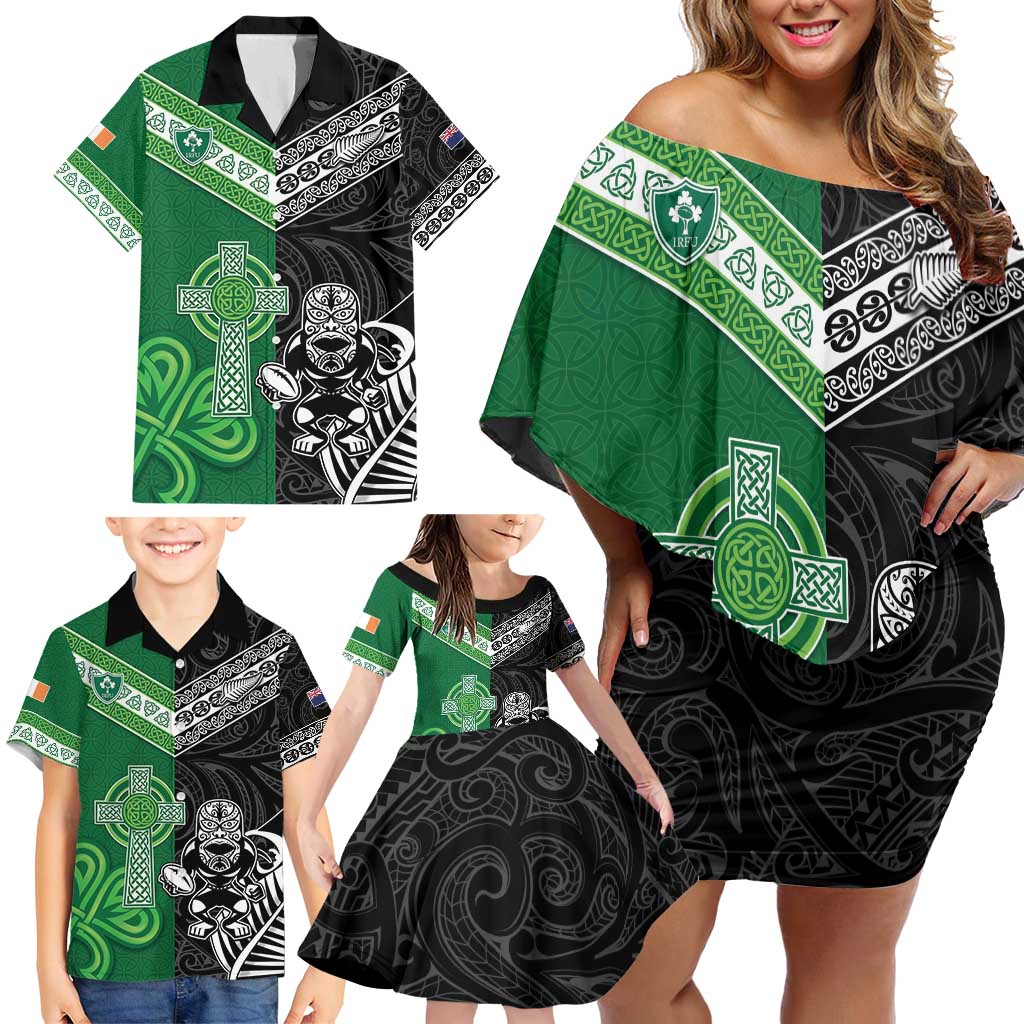 New Zealand And Ireland Rugby Custom Family Matching Off Shoulder Short Dress and Hawaiian Shirt Maori Tiki With Shamrock