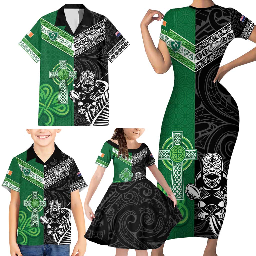 New Zealand And Ireland Rugby Custom Family Matching Short Sleeve Bodycon Dress and Hawaiian Shirt Maori Tiki With Shamrock